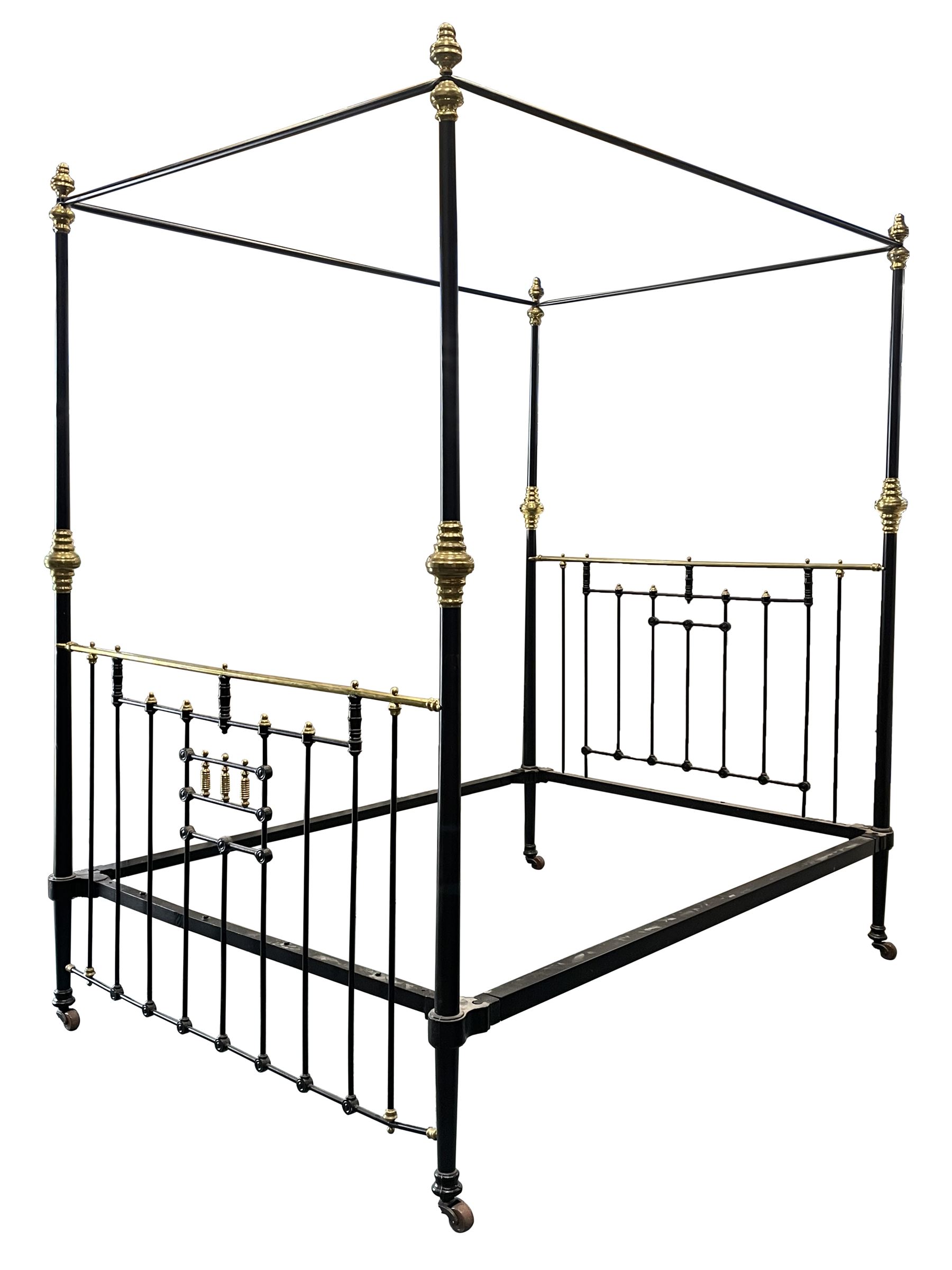 Wessex Antique Bedsteads - Victorian and later 5' Kingsize brass and black painted iron four poster