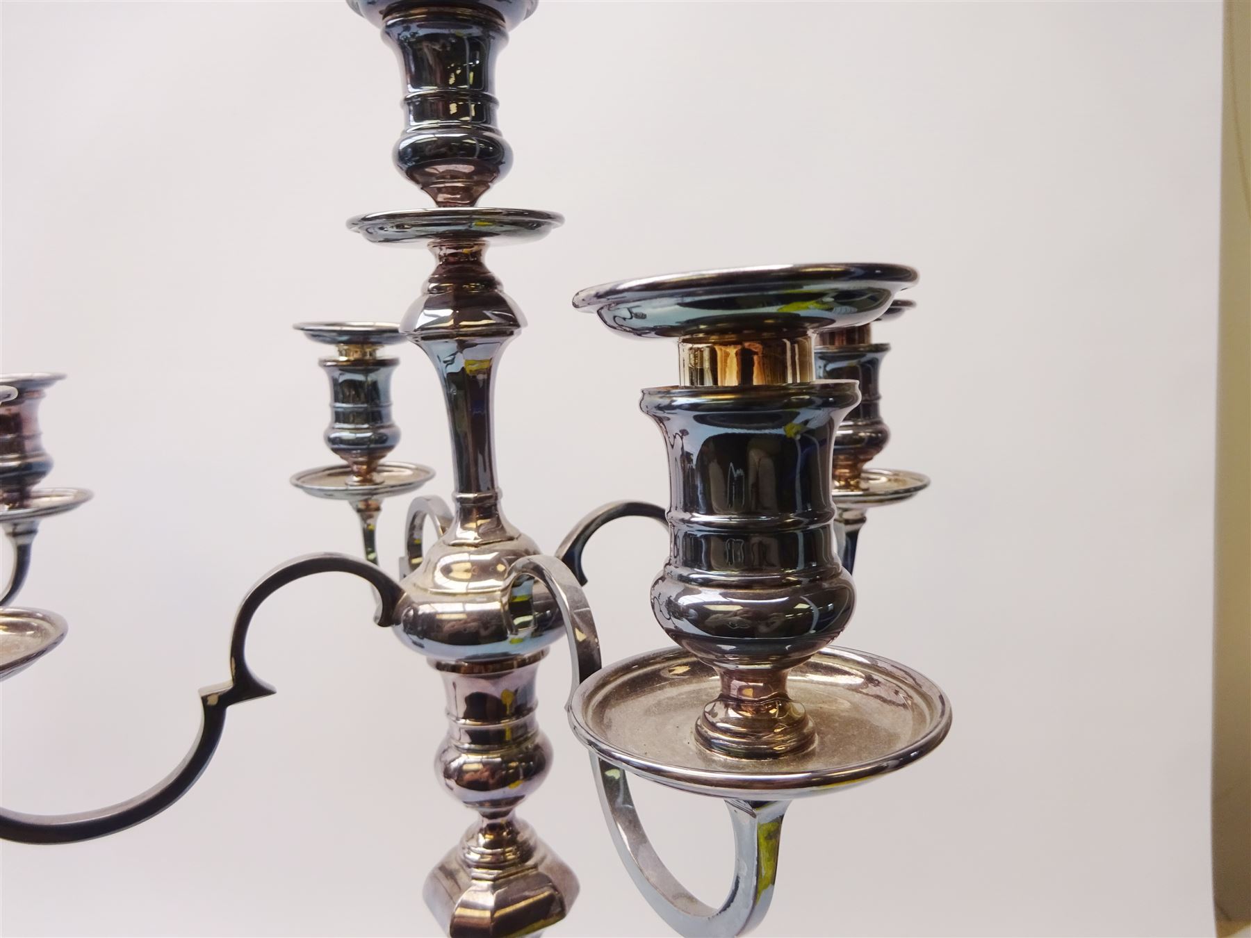 Pair of 20th century Mappin & Webb silver plated four branch candelabra - Image 3 of 6