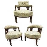 Edwardian walnut three piece drawing room salon suite - pair tub shaped occasional chairs and nursin
