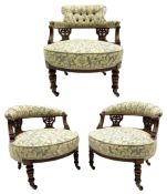 Edwardian walnut three piece drawing room salon suite - pair tub shaped occasional chairs and nursin