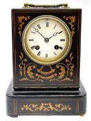 Late 19th century French ebony and satinwood inlaid Pendule D'officer campaign carriage clock