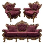 Late 20th century Italian style carved beech framed three seat sofa and pair matching armchairs