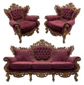 Late 20th century Italian style carved beech framed three seat sofa and pair matching armchairs