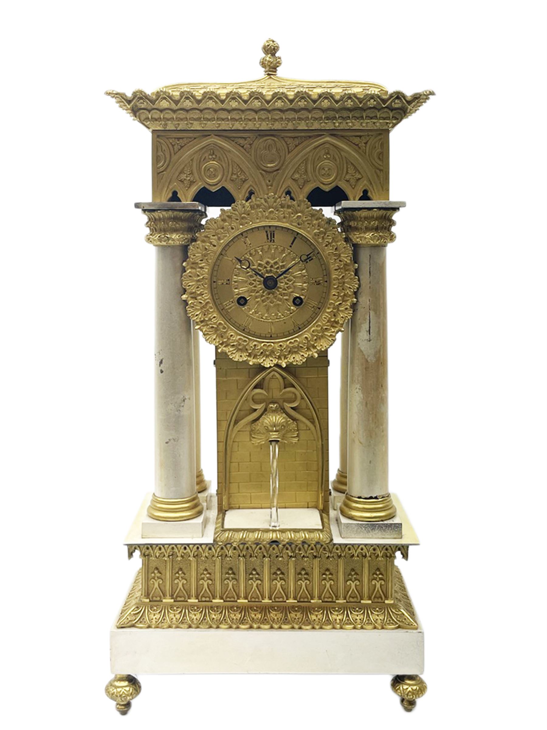 Mid 19th century French silvered and ormolu portico automaton clock in Gothic style case by Leroy A
