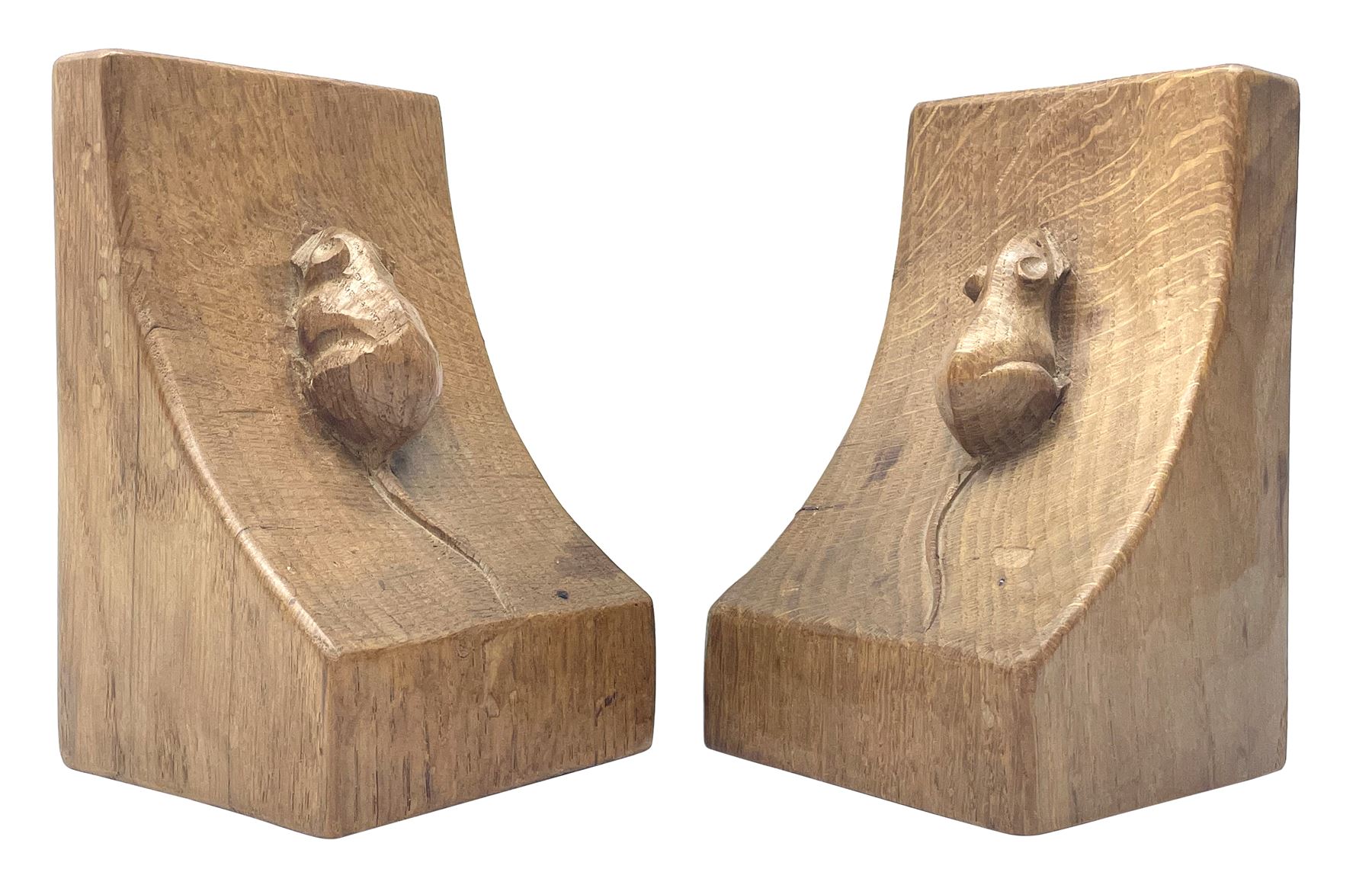 Pair 'Mouseman' tooled oak bookends carved with mouse signature