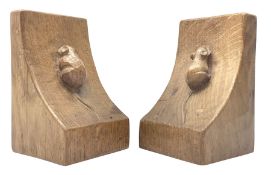 Pair 'Mouseman' tooled oak bookends carved with mouse signature