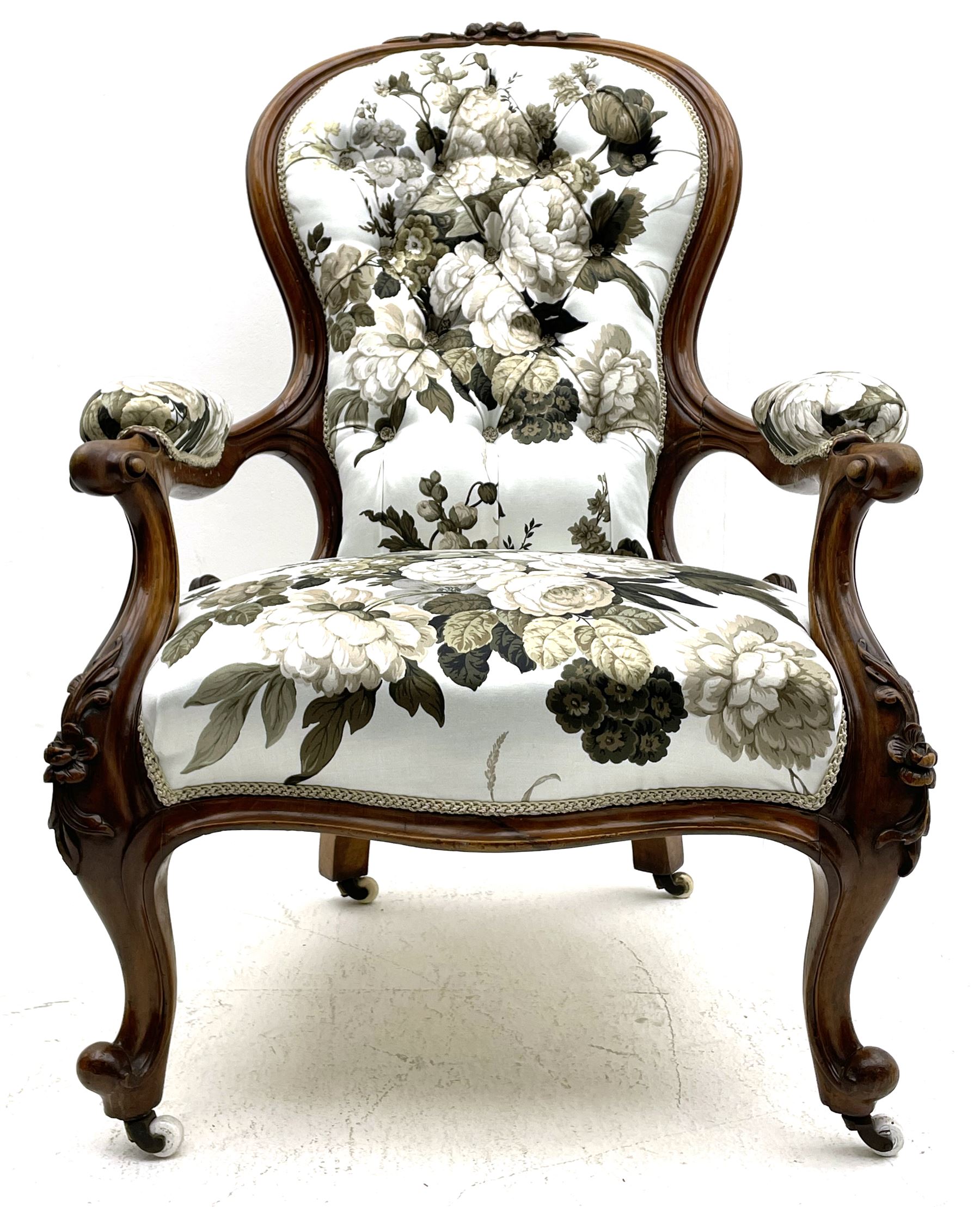 Victorian walnut framed open armchair - Image 2 of 8