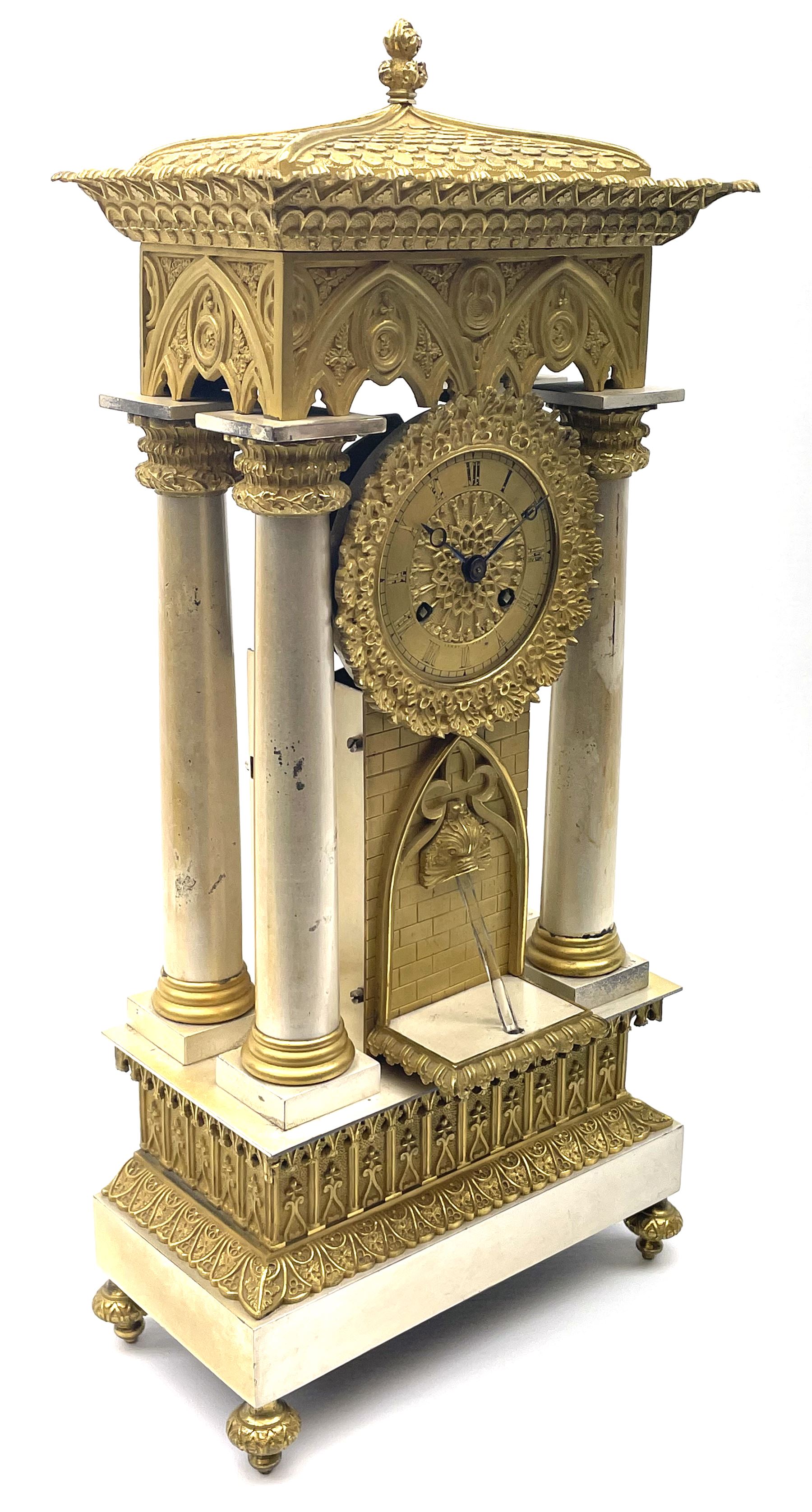 Mid 19th century French silvered and ormolu portico automaton clock in Gothic style case by Leroy A - Image 11 of 13