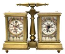 Brass and bevelled glass cased carriage timepiece clock and barometer