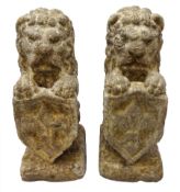 Pair 20th century composition stone heraldic lions