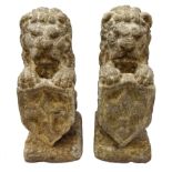 Pair 20th century composition stone heraldic lions