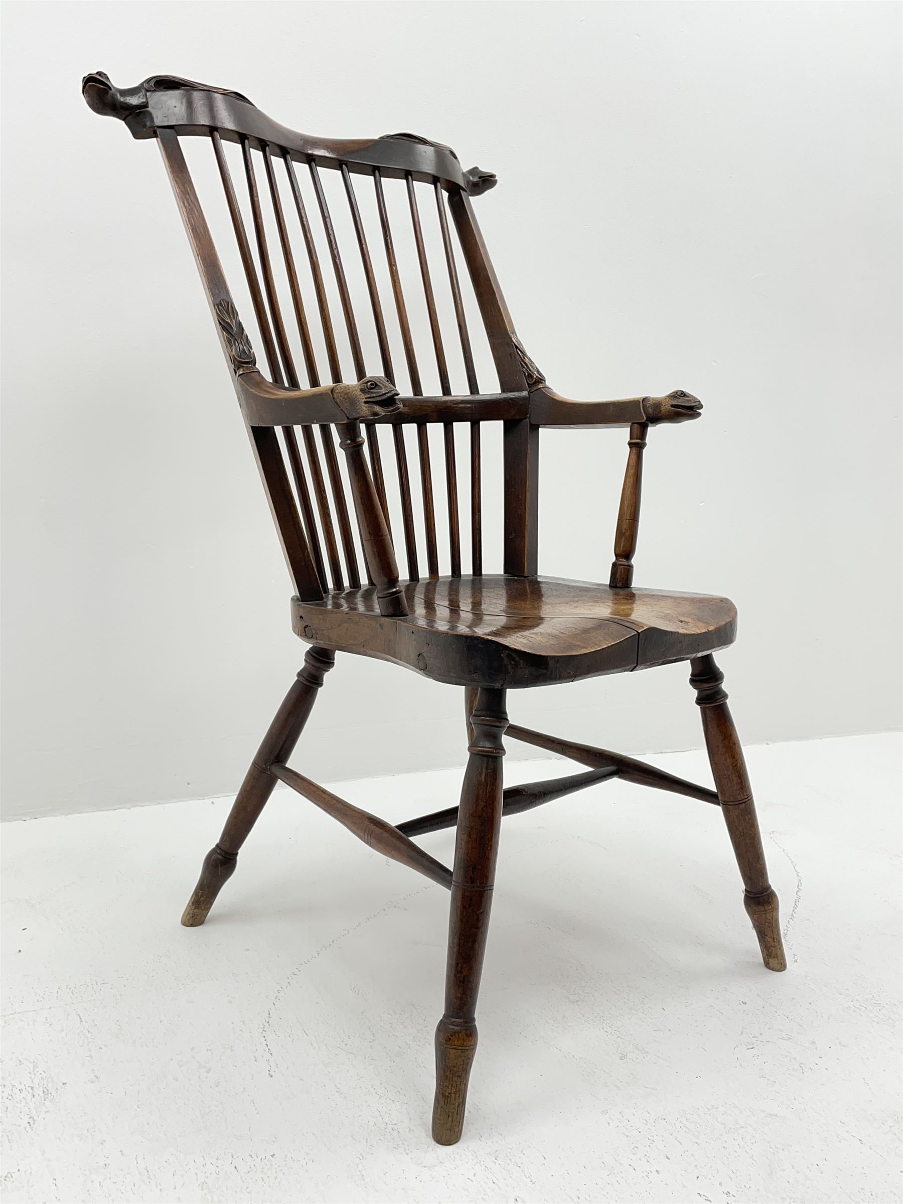 Unusual 19th century elm and beech high comb back Windsor armchair - Image 3 of 6