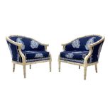Pair contemporary tub shaped armchairs with faux bamboo wooden frames