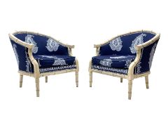 Pair contemporary tub shaped armchairs with faux bamboo wooden frames