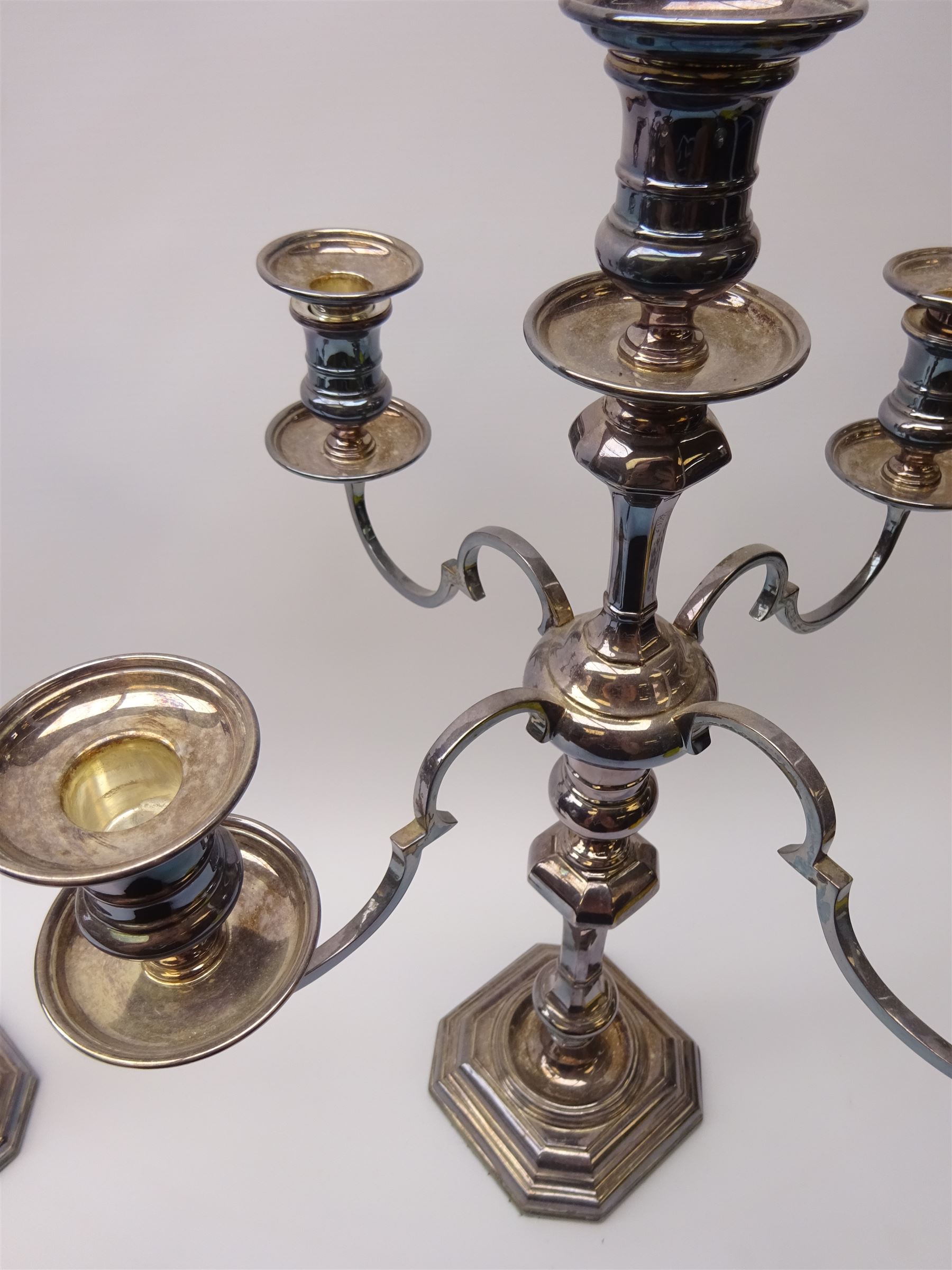 Pair of 20th century Mappin & Webb silver plated four branch candelabra - Image 4 of 6