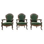 Set three Victorian rosewood drawing room open armchairs