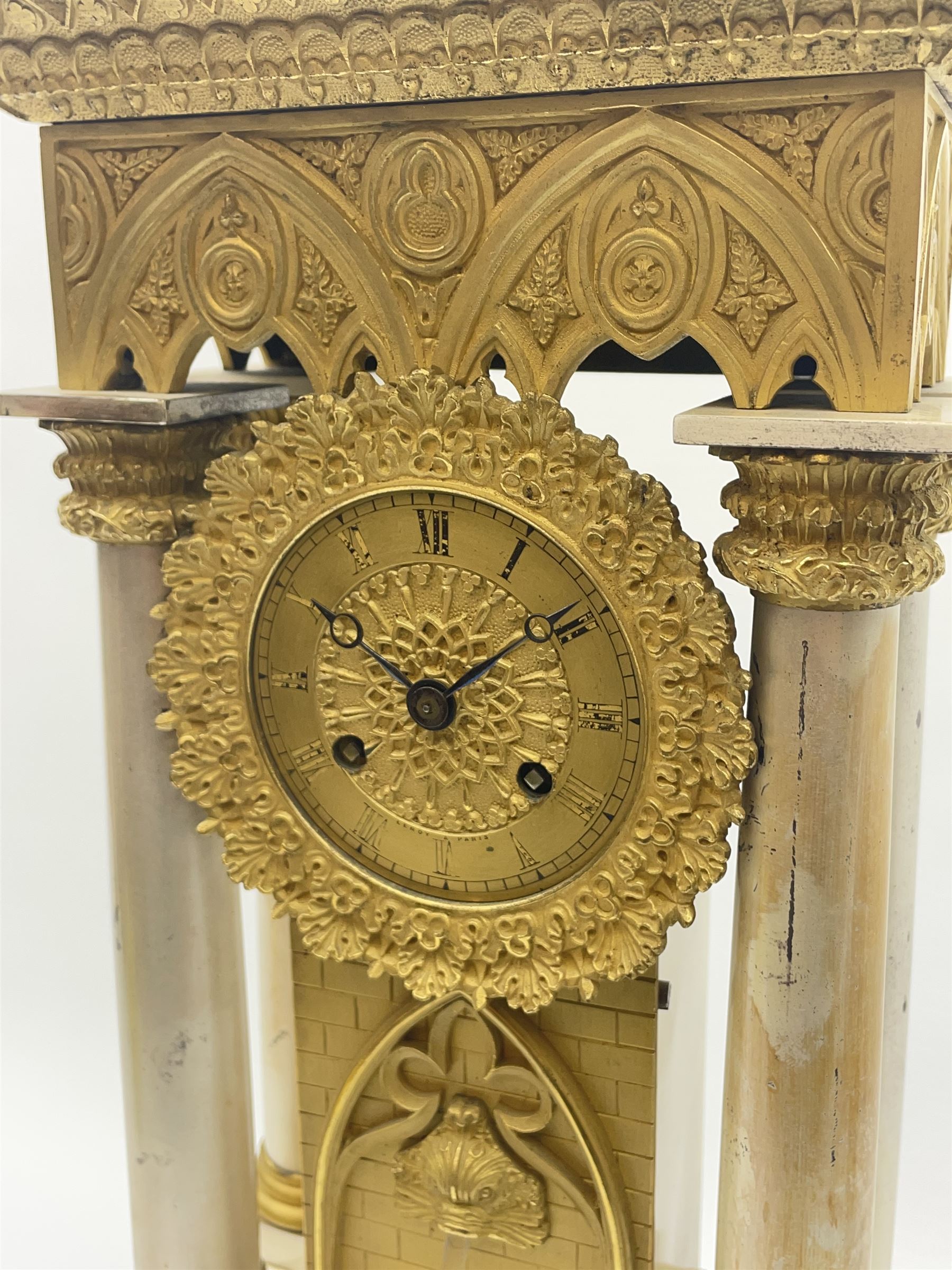 Mid 19th century French silvered and ormolu portico automaton clock in Gothic style case by Leroy A - Image 2 of 13