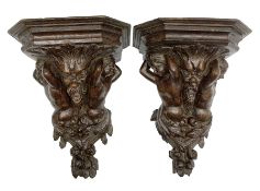 Pair 19th century carved oak wall brackets