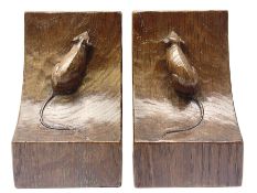 Pair 'Mouseman' tooled oak bookends carved with mouse signature