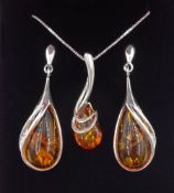 Silver amber pendant stud earrings and matching pendant necklace