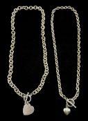 Silver belcher link necklace with heart and T bar clasp