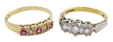 18ct gold three stone diamond ring and a 9ct gold five stone diamond and ruby ring