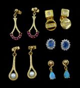Three pairs of 9ct gold pendant stud earrings to include opal