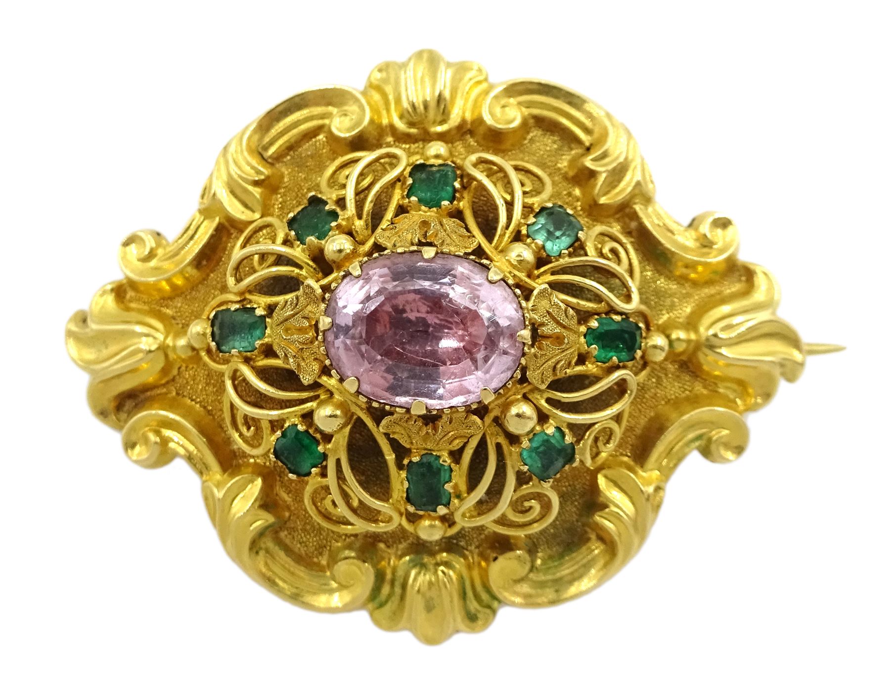 Victorian 18ct gold emerald and pink/purple stone set brooch