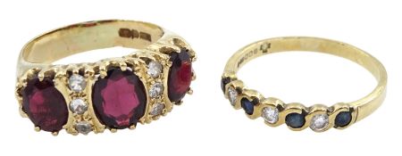 9ct gold garnet ring and cubic zirconia ring and a 9ct gold seven stone set ring