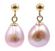 Pair of 9ct gold peach pearl pendant stud earrings
