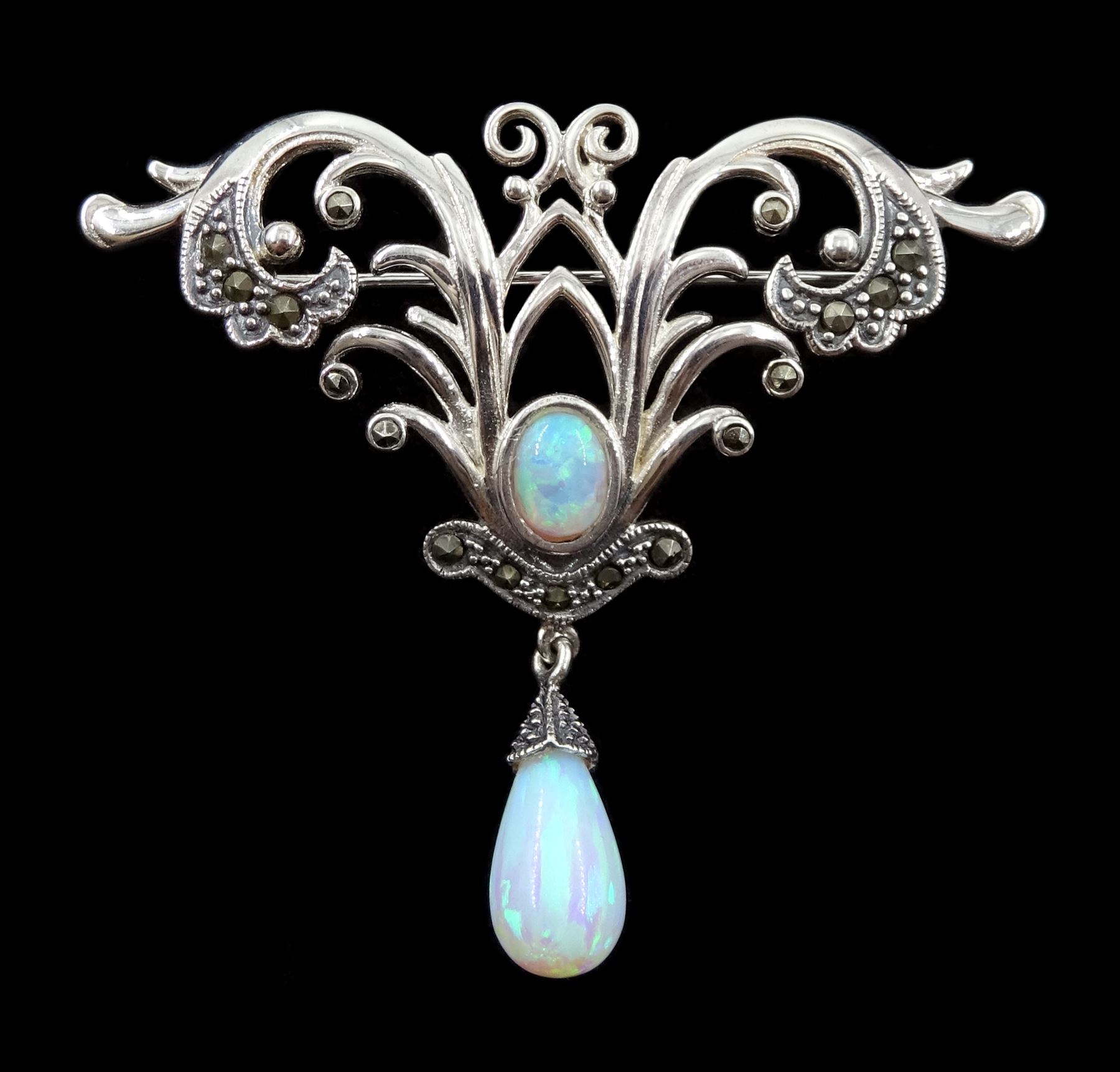 Silver opal and marcasite pendant brooch