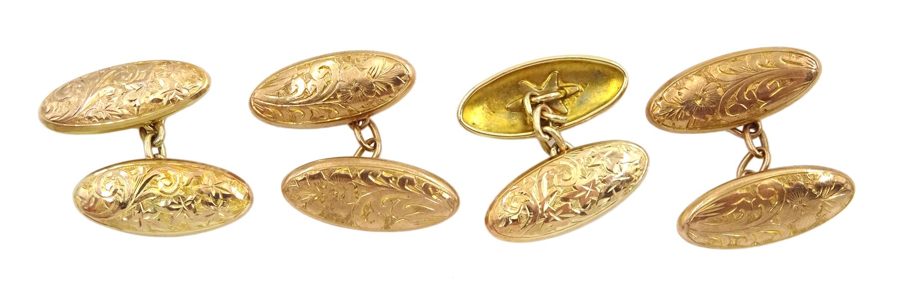 Pair of Edwardian 9ct gold cufflinks with engraved decoration