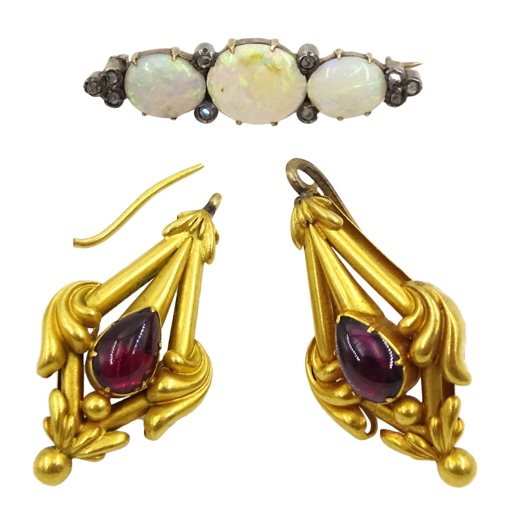 Pair of Victorian gold pear shaped cabochon garnet pendant earrings and a opal and diamond bar brooc