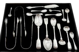 Three pairs of Victorian silver sugar nips and a collection of Victorian and later silver flatware