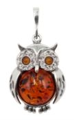 Silver amber owl pendant