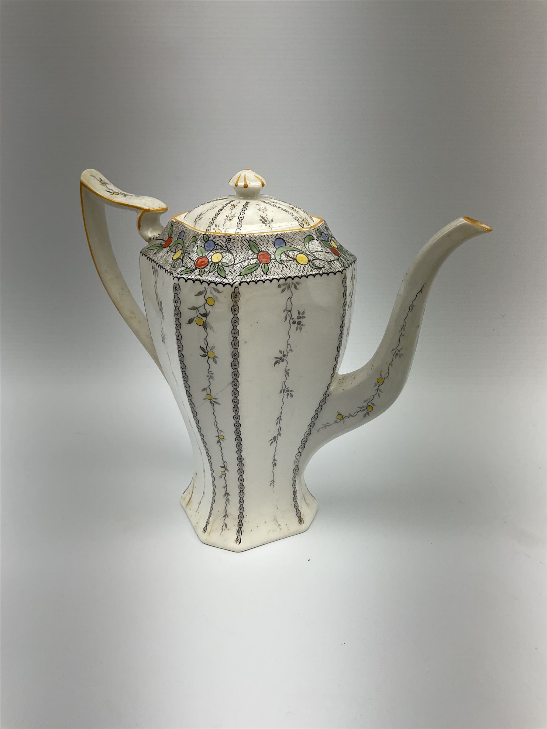 An Art Deco Shelley Queen Anne shape coffee set for six decorated in the Fruit Border pattern - Image 12 of 12