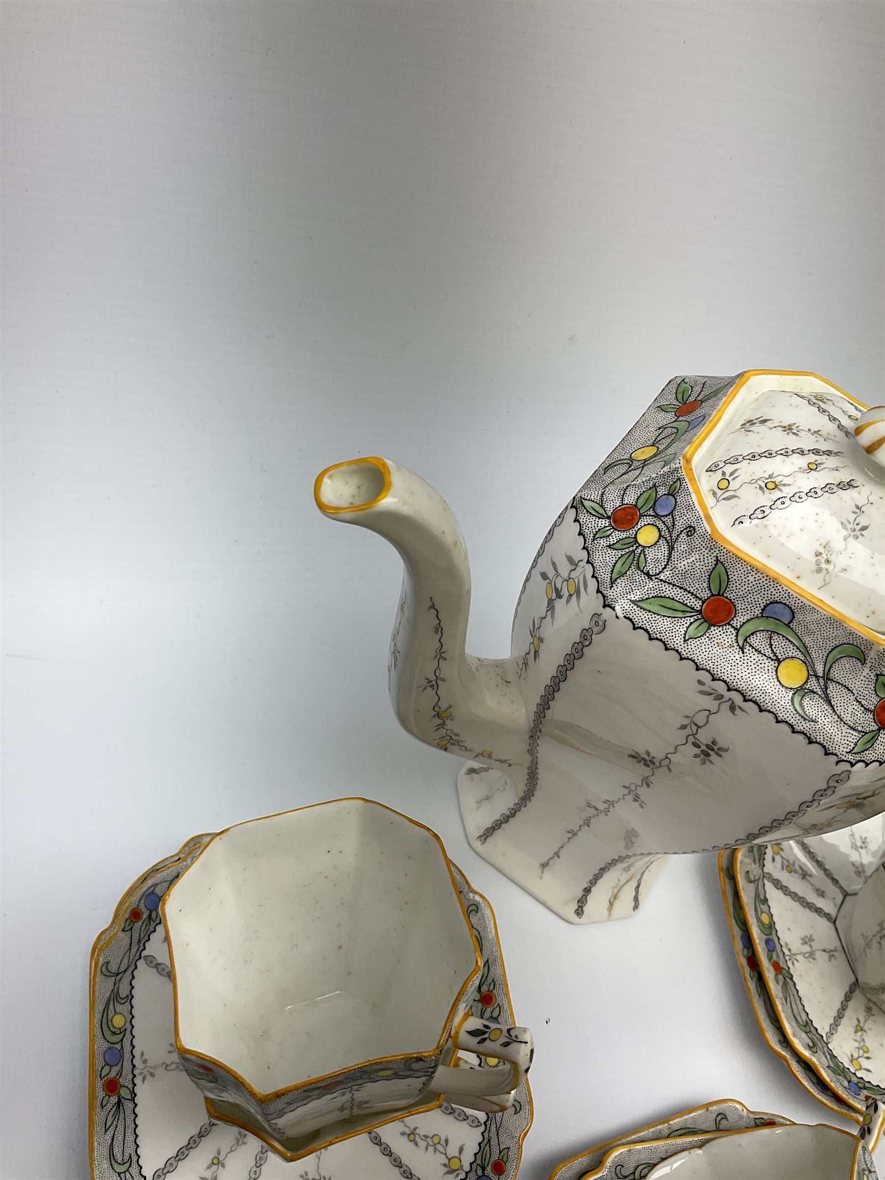 An Art Deco Shelley Queen Anne shape coffee set for six decorated in the Fruit Border pattern - Image 3 of 12