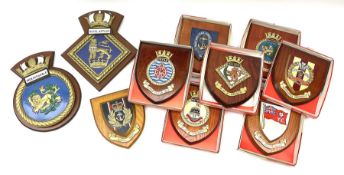 Various Navy wooden heraldic shields each with hand painted raised shield