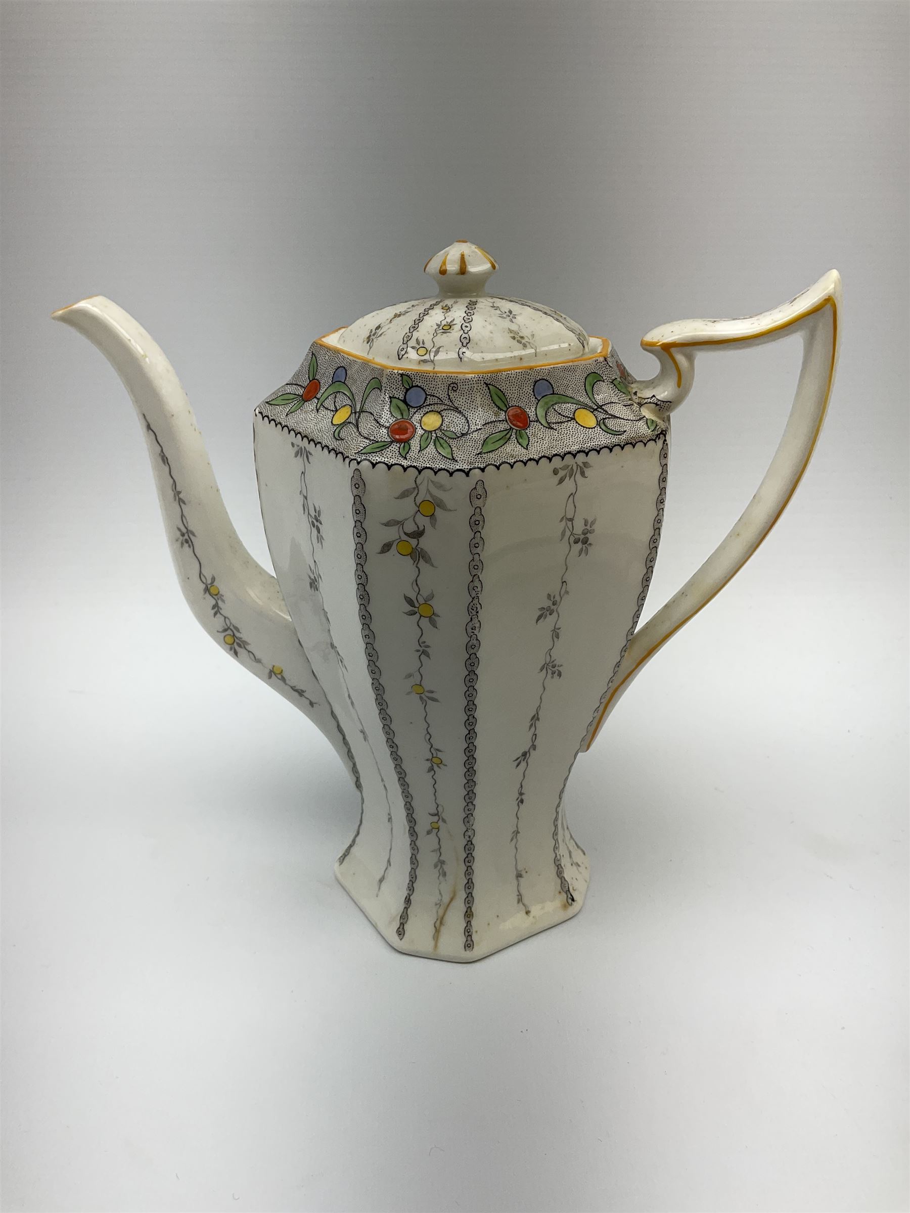 An Art Deco Shelley Queen Anne shape coffee set for six decorated in the Fruit Border pattern - Image 6 of 12