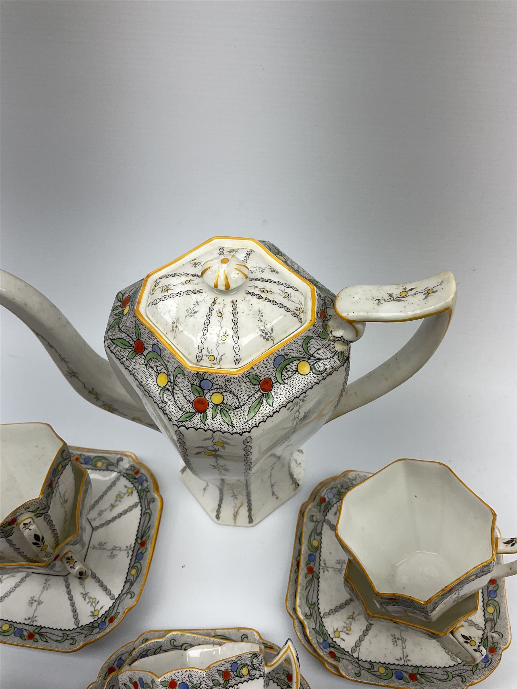 An Art Deco Shelley Queen Anne shape coffee set for six decorated in the Fruit Border pattern - Image 5 of 12