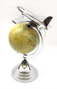 Art Deco style world globe with chrome Aeroplane finial and mounts