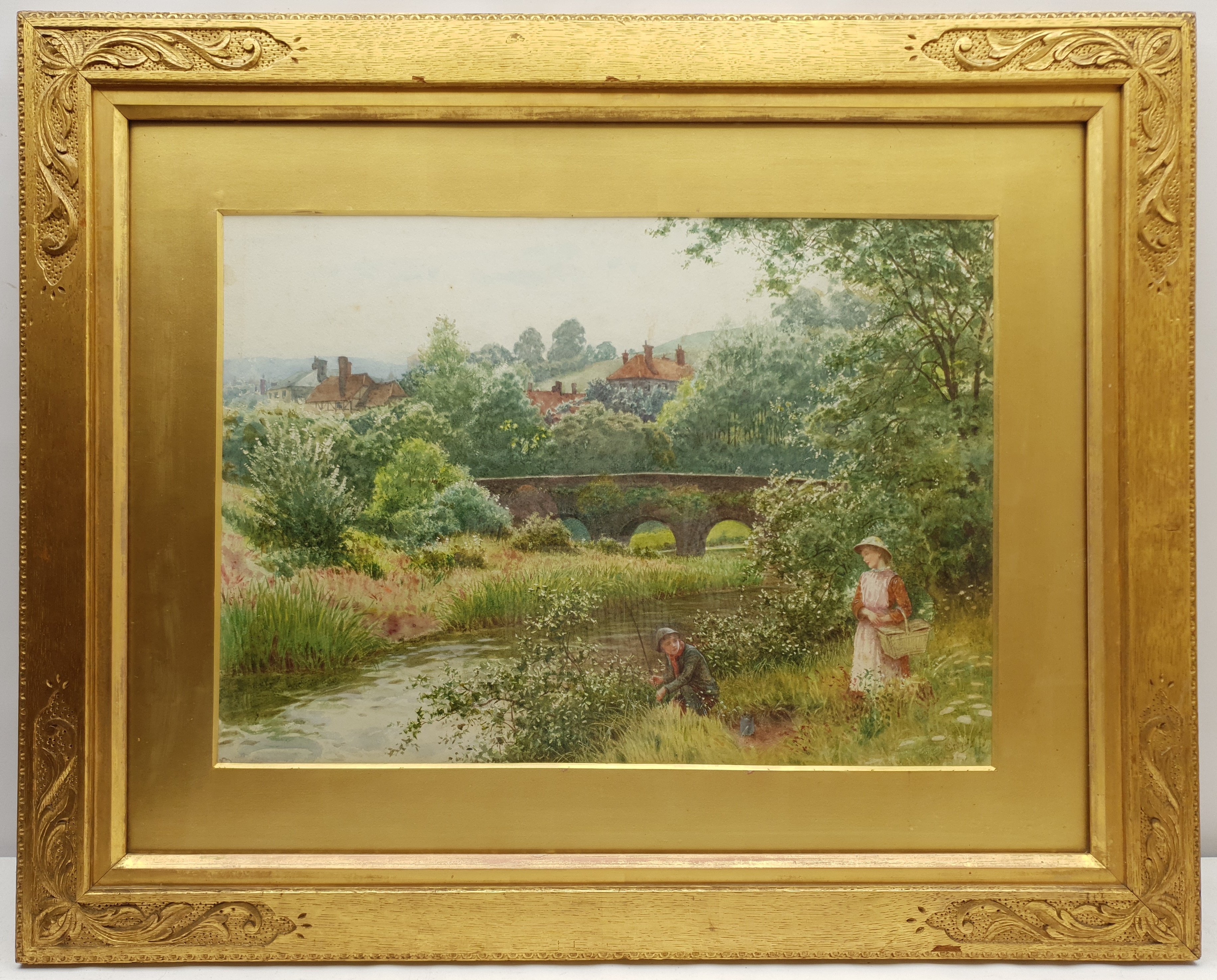 Charles Gregory (British 1850-1920): 'A Bright Way Elstead' - Children Fishing - Image 4 of 4