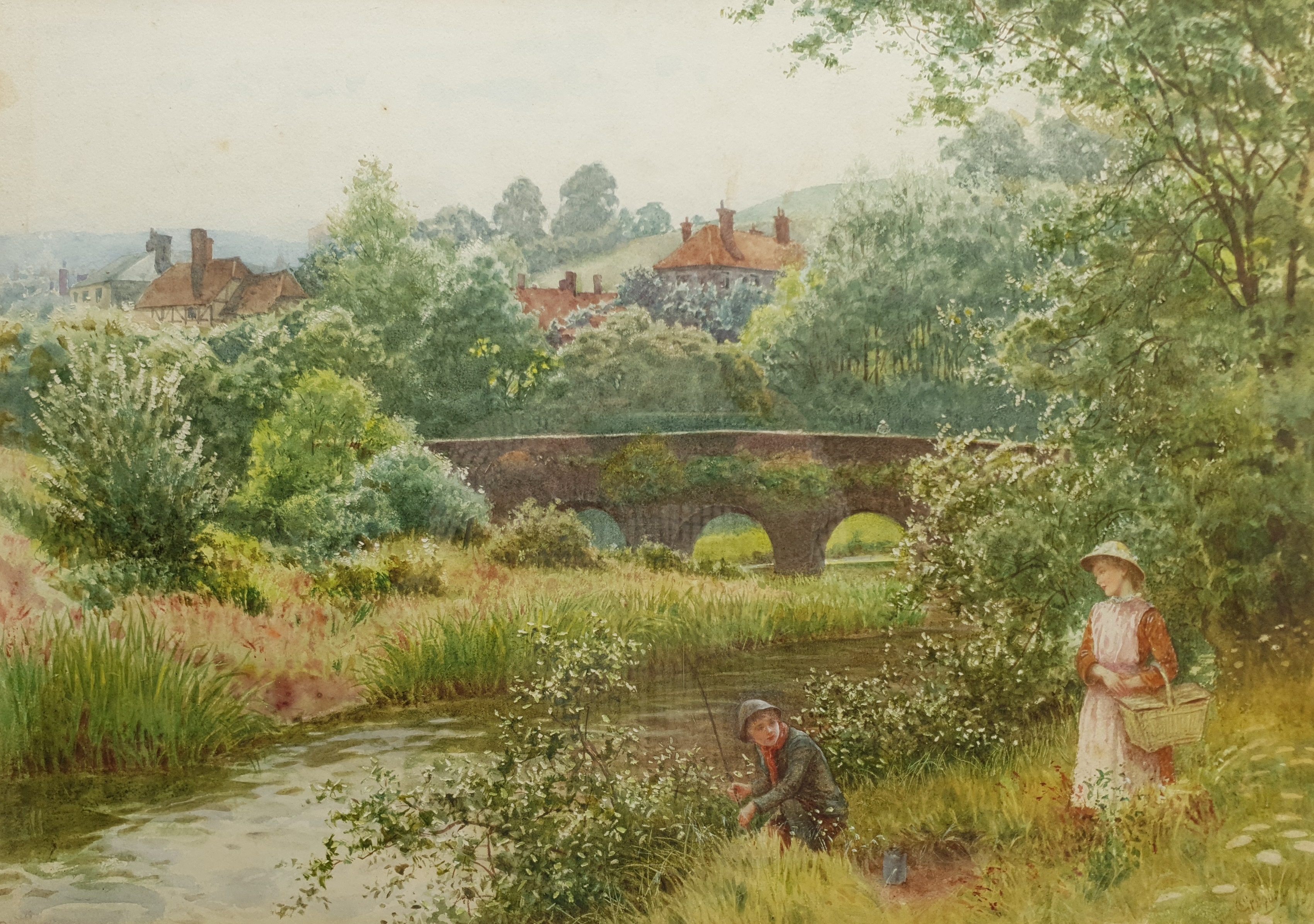Charles Gregory (British 1850-1920): 'A Bright Way Elstead' - Children Fishing