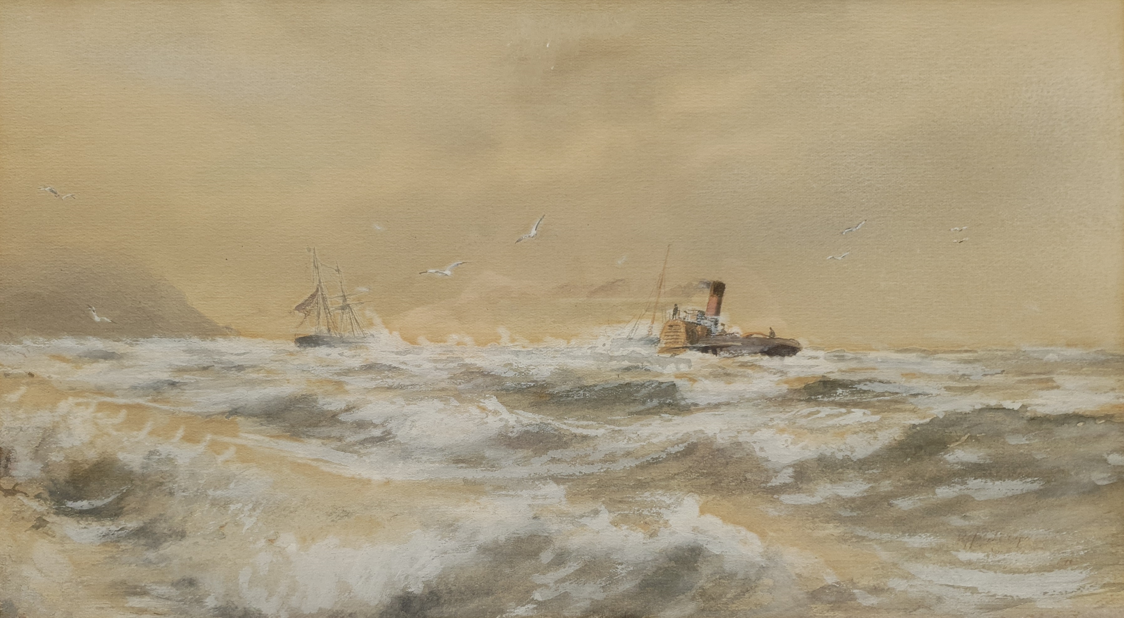 Attrib. William Minshall Birchall (American 1884-1941): Paddle Tug Aiding a Sailing Ship in Heavy Se