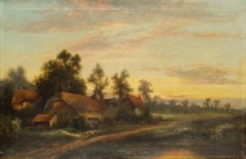 E M Frearson ? (19th/20th century): Cottages at Sunset