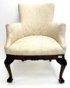 20th century mahogany framed armchair upholstered in beige damask