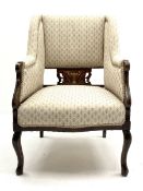 Edwardian inlaid mahogany framed upholstered armchair