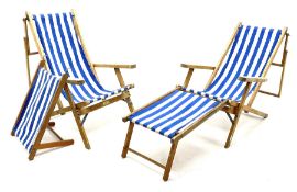 Geebro - �The Ocean Chair� two vintage beech framed folding deck chairs with blue and white striped