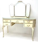 French style cream and gilt kidney shaped dressing table with triple mirror