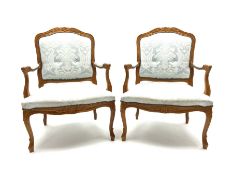 Pair French beech framed upholstered armchairs